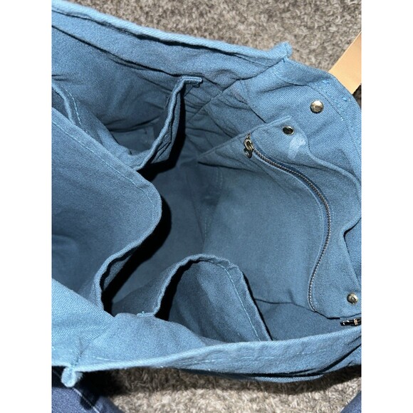 FEED Projects Tote Bag Reusable Teal Canvas Market Pockets Faux Leather Straps - Picture 8 of 11